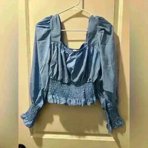 NWT! Blue Anna-Kaci crop top babydoll long sleeve top size large